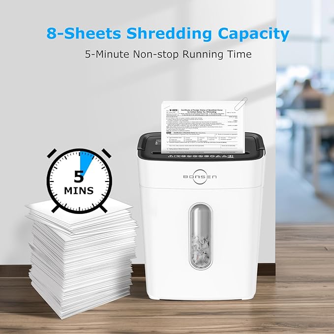 BONSEN White Paper Shredder for Home Office, 8-Sheet Cross-Cut Paper and Credit Card Small Office Shredders, High Security Level P-4 Ultra Quiet Shredder with 4 Gallons Wastebasket (S3101-W)