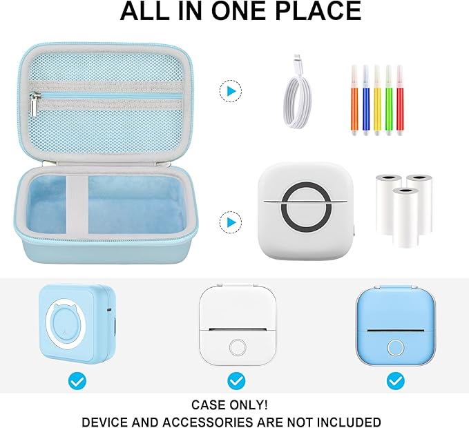 Hard Travel Case for Cabaro Mini Printer Sticker Thermal Printer, Bluetooth Portable Phone Printer Storage Holder Protection Case with Zipper Mesh Pocket fit Rolls Paper, Charging Cable, Blue
