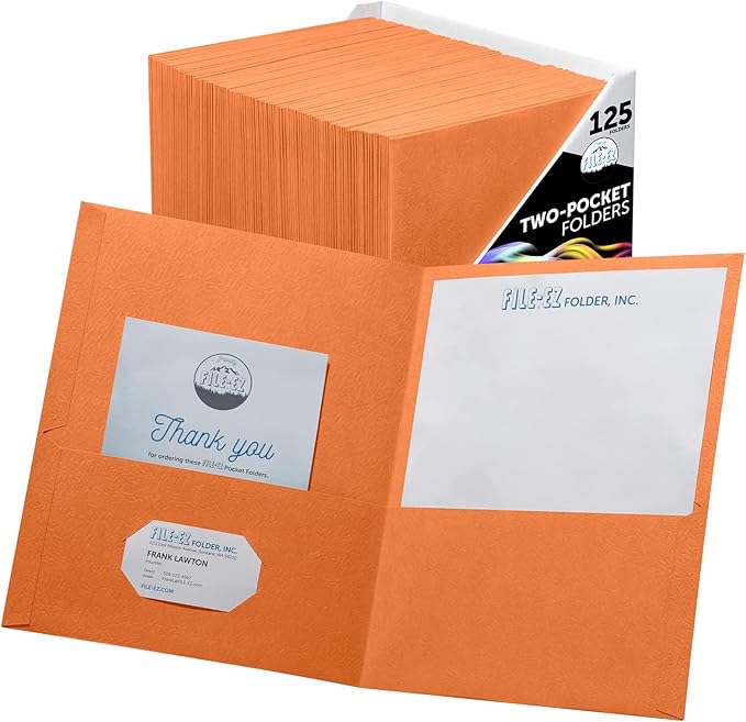FILE-EZ Two-Pocket Folders, Orange, 125-Pack, Textured Paper, Letter Size (EZ-32465)
