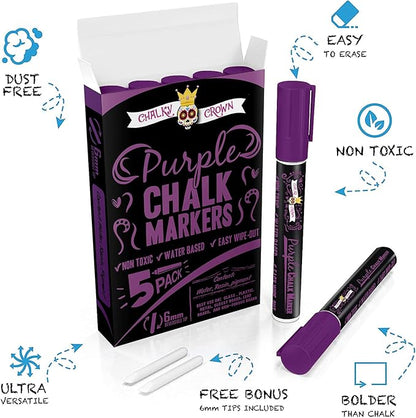 CHALKY CROWN Liquid Chalk Marker Pen - Dry Erase Marker - Chalk Markers for Chalkboard Signs, Windows, Blackboard, Glass - 6mm Reversible Tip (Purple, 5 Pack)