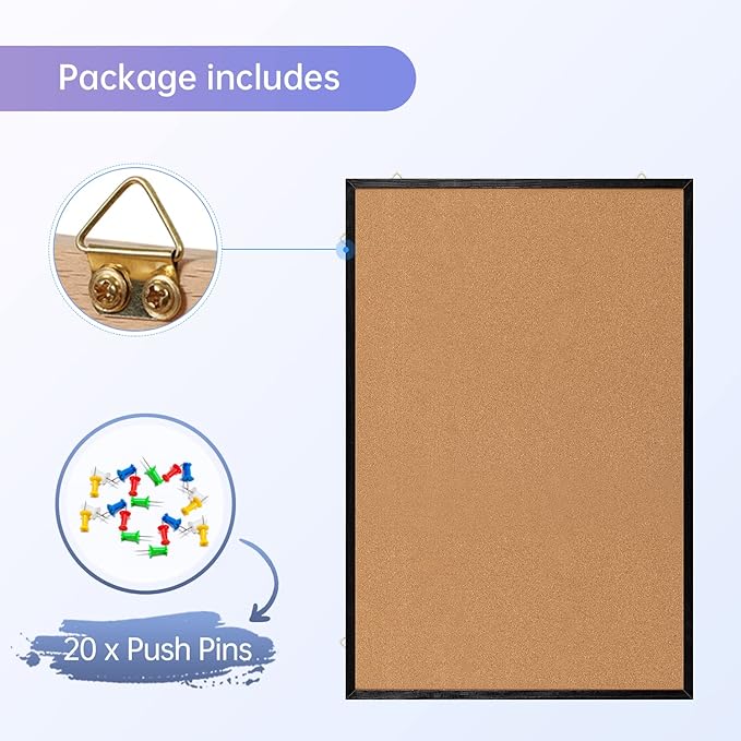 Cork Board Notice Board, 24" X 18“ Decorative Hanging Pin Board for Wall with Black Wood Frame, 50 Push Pins Included………
