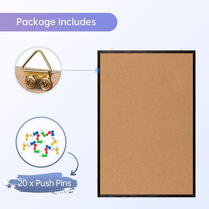 Cork Board Notice Board, 24" X 18“ Decorative Hanging Pin Board for Wall with Black Wood Frame, 50 Push Pins Included………