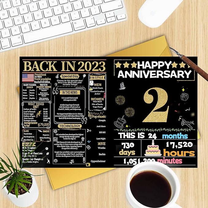 Joycard 2th Anniversary Card for Women Men, Gold Wedding Card for Wife Husband, Sweet Marriage Decorations Gifts for Couple, Perfect for Her Him on Anniversary Day, Back in 2023