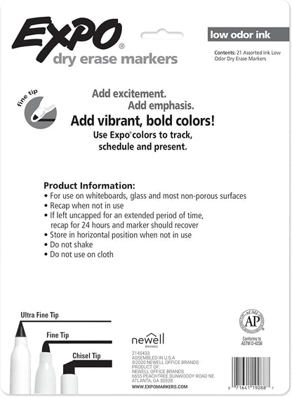 EXPO Dry Erase Markers, Whiteboard Markers with Low Odor Ink, Fine Tip, Assorted Vibrant Colors, 21 Count