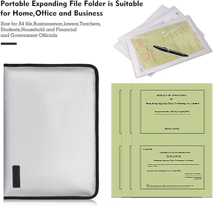 ENGPOW Expanding File Folder Important Document Organizer Fireproof and Waterproof Document Bag with A4 Size 13 Pockets Zipper Closure Non-Itchy Silicone Coated Portable Filing Wallet Pouch(Silver)