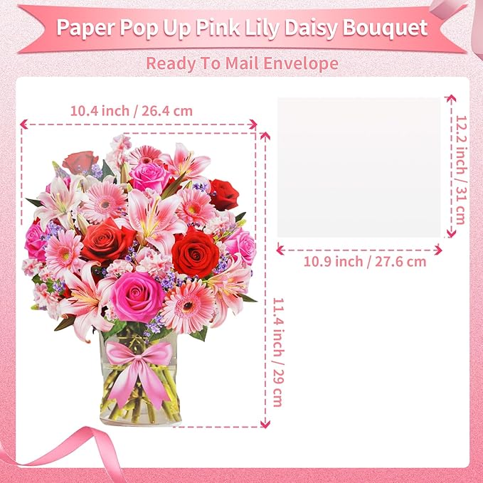 XTF2015 Paper Pop Up Bouquet Birthday Cards, Mother's Day Flower Cards, Anniversary Greeting Cards Flower Bouquet Card with Music and Lights Pink Lily Daisy, Holiday Mother's Day Birthday Decoration Gift Card