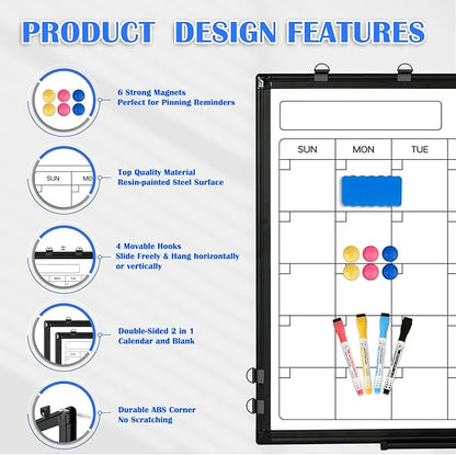 Monthly Calendar Dry Erase Whiteboard, 36" x 24" Magnetic Calendar White Board, Double-Sided Portable Board with Black Aluminium Frame for Office, Kitchen, School, Home