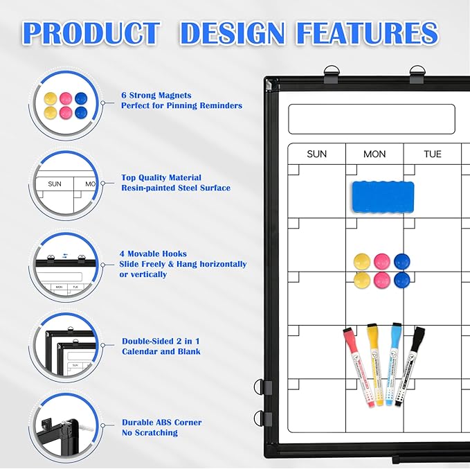 Monthly Calendar Dry Erase Whiteboard, 24" x 18" Magnetic Calendar White Board, Double-Sided Portable Board with Black Aluminium Frame for Office, Kitchen, School, Home