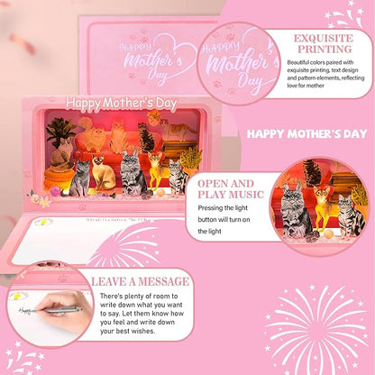 4D Pop Up Mothers Day Card with ligh, Cat Mother's Day Card For Mom, Living Room, Cat Themed (Cat Mother's Day Card)