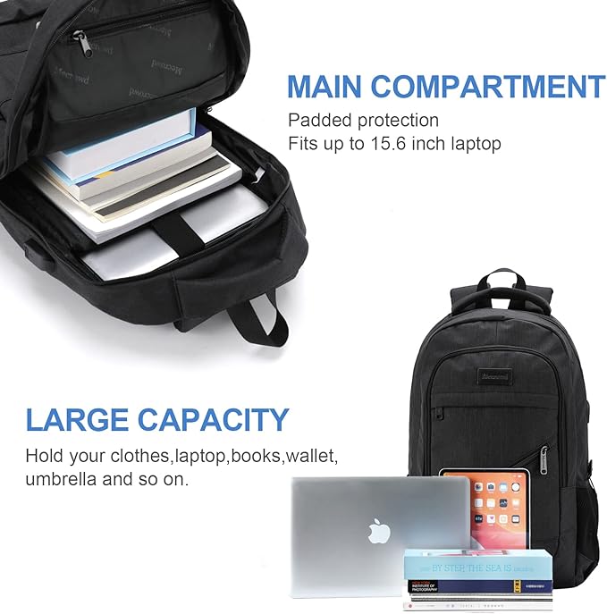 Laptop Backpack for Men, Anti Theft Backpack with USB Charging Port, 15.6 Inch Large Backpack for Travel Business (Black)