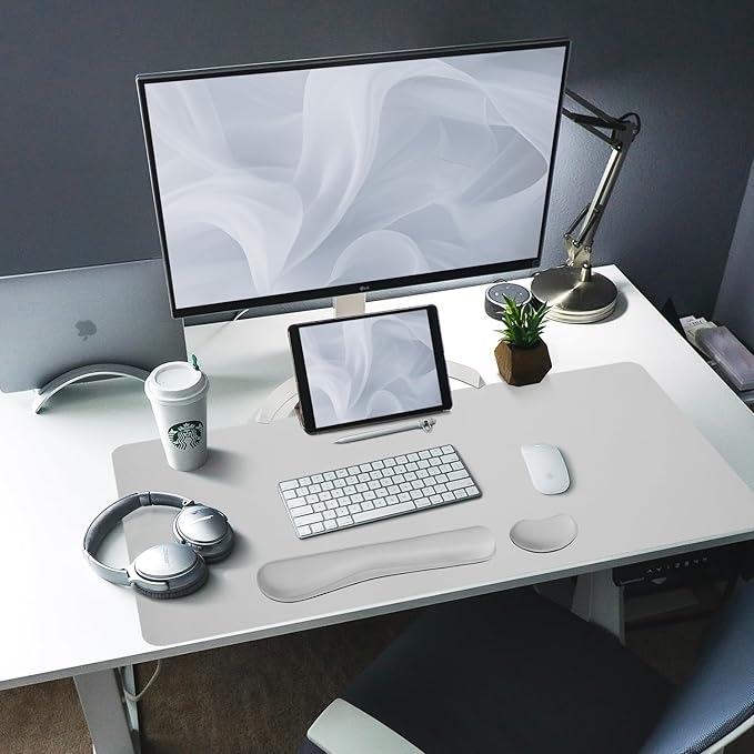 Bloss Leather Desk Pad and Keyboard Wrist Rest, Large Mouse Pad + Keyboard Pad+Mouse Wrist Support, Non-Slip Desk Mat Protector for Office, Home(35.4×15.7 Inches, Light Grey)