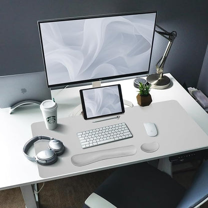 Bloss Leather Desk Pad and Keyboard Wrist Rest, Large Mouse Pad + Keyboard Pad+Mouse Wrist Support, Non-Slip Desk Mat Protector for Office, Home(31.5×15.7 Inches, Light Grey)