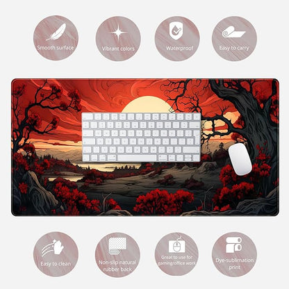 Red and Black Mouse Pad Japanese Mouse Pad XL Black Anime Big Mouse Pads for Desk Large Gaming Large Mouse Pad for Men Desk Pad with Stitched Edges Non-Slip Large Computer Mat, 31.5x15.7 in.