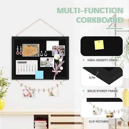 Large Cork Board Double-Sided Bulletin Board with Linen 30"x 20", Black Cork Boards for Walls Wood Frame Hanging Pin Board, Cork Board for Office Home School 1-Pack