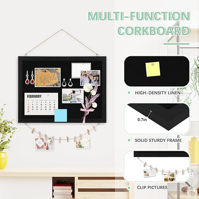 Large Cork Board Double-Sided Bulletin Board with Linen 36"x 24", Black Cork Boards for Walls Wood Frame Hanging Pin Board, Cork Board for Office Home School 1-Pack