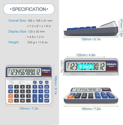 Desktop Calculator Extra Large 5in LCD Display 12-Digit Big Button Giant Accounting Calculator, Battery & Solar Powered, for Office Business & Home(OS-6815)