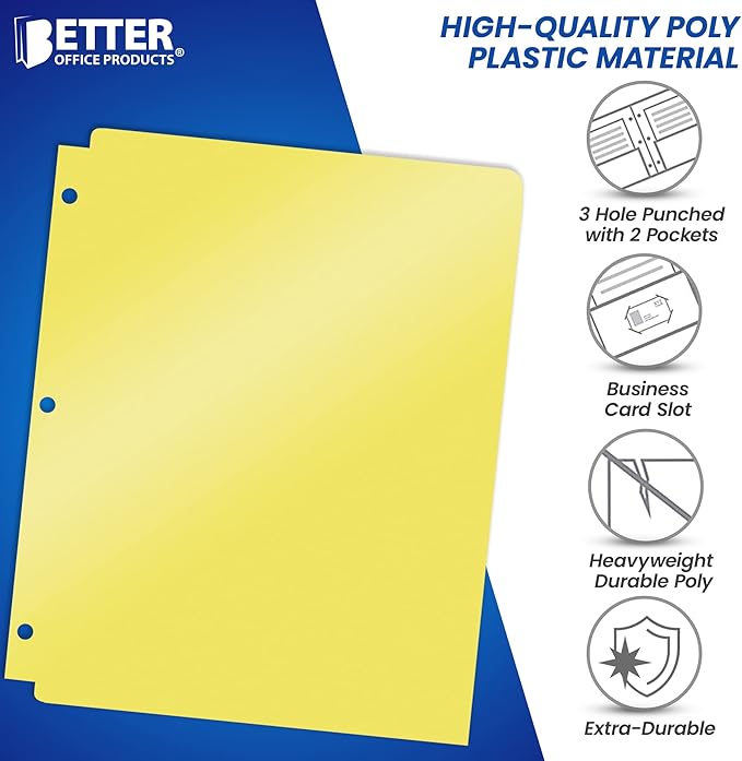 Better Office Products 3 Hole Punch Pocket Folders, Bulk Pack, Sturdy Plastic 2 Pocket Folders, Assorted Pastel Colors, Letter Size, with Business Card Slot,(6 Pack)