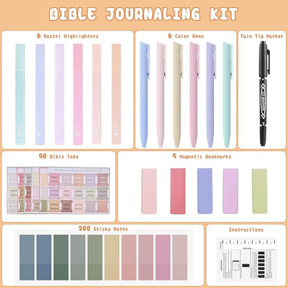 Bible Journaling Kit, Include 6 Bible Highlighters and 6 Pens No Bleed, 90 Laminated Bible Tabs, Magnetic Bookmarks, Sticky Notes, Bible Study Supplies Essentials Set for Women & Men