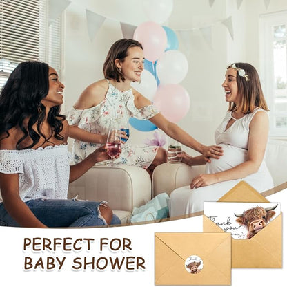 25Pcs Highland Cow Thank You Cards with Envelopes, 4x6 In Farm Cute Watercolor Design Highland Cow Greeting Cards Sympathy Cards Bulk for Wedding, Baby & Bridal Shower - with Sticker