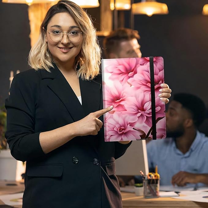 Padfolio Folder with Clipboard,Portfolios Organizer Clipboards with Storage Clipboard Writing Pad PU Leather Conference Document Organizer with Business Card Holder,Pink Flowers