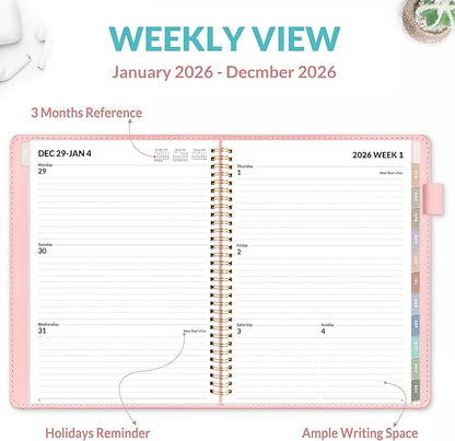 SUNEE 2026 Weekly & Monthly Planner 9"x11.2"- 12 Month (January 2026 - December 2026), Vegan Leather Cover, Pocket, Bookmark, Notes, Monthly Tab, Peach Pink