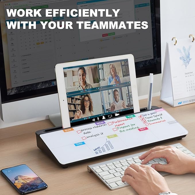 TSJ OFFICE Whiteboard Weekly Dry-Erase-Board - Desktop White Board Calendar Desk Organizers with Accessories Computer Keyboard Stand with Drawer, for Office, Home, School Supplies