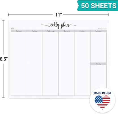 321Done Weekly Planning Notepad - 50 Sheets (8.5" x 11") - Landscape Days of Week Blank Horizontal Desk Planning Pad, Large Letter-Size - Made in USA - Simple Script