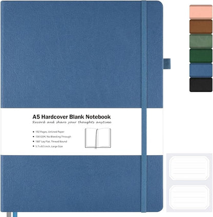 Blank Notebook, Hardcover Sketch Book, 8.5 x 5.5 Large Blank Journal, No Bleed Thick Paper Sketchbook for Drawing, Unlined Notebook Journal for Women Men School, A5 Leather Sketchbook, Lay Flat, Navy