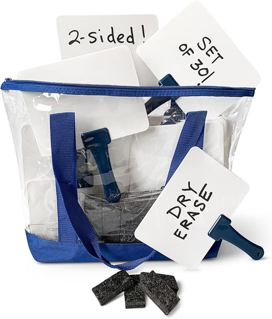 Trainers Warehouse Deluxe Whiteboards Combo Set: 30 Two-Sided Dry-Erase Answer Boards with Tote Bag & Mini Erasers | Sturdy, Easy-to-Hold & Clean, Blue Handles (5.9" x 7.75")