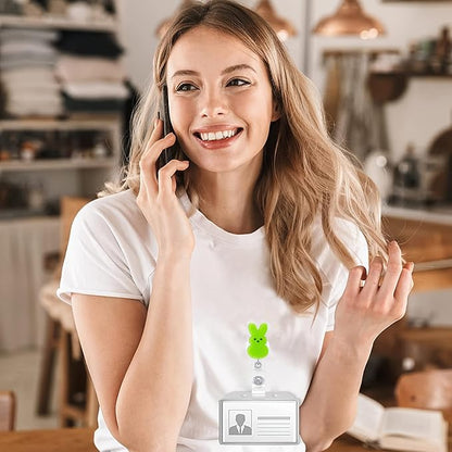 Easter Bunny Badge Reels Retractable ID Name Badge Holder Green Rabbit Cute Badge Reels Acrylic Clips Easter Party Gifts for Nurse Doctor Teacher Student Office Supplies