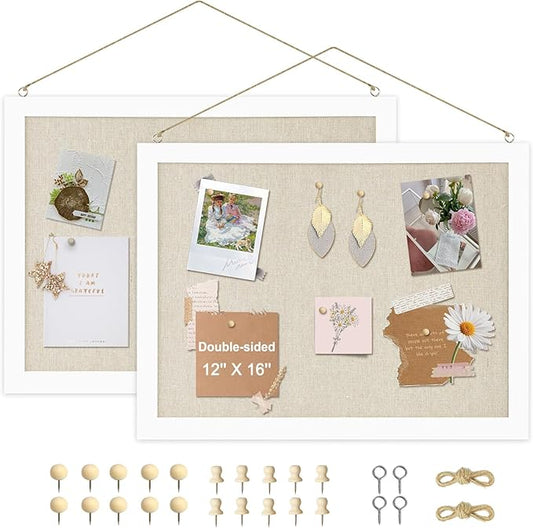 2-Pack Double-Sided Cork Board with Linen, 16" x 12" Hanging Wood Framed Bulletin Board, Picture Display Vision Board Kit Corkboards for Wall School Office Decor, 20 Pushpins (Vintage White)