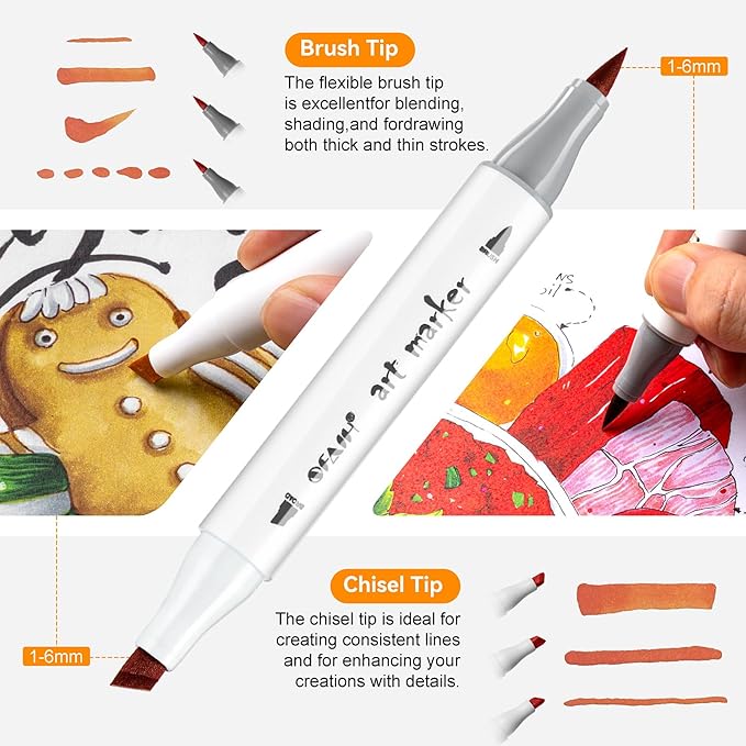 SFAIH Pastel Alcohol Markers Brush Tip - 51 Colors Double Tipped Art Markers for Artist Adult Coloring Illustration, Gifts for Artist Adult, Dual Tip Brush & Chisel - Refillable Ink