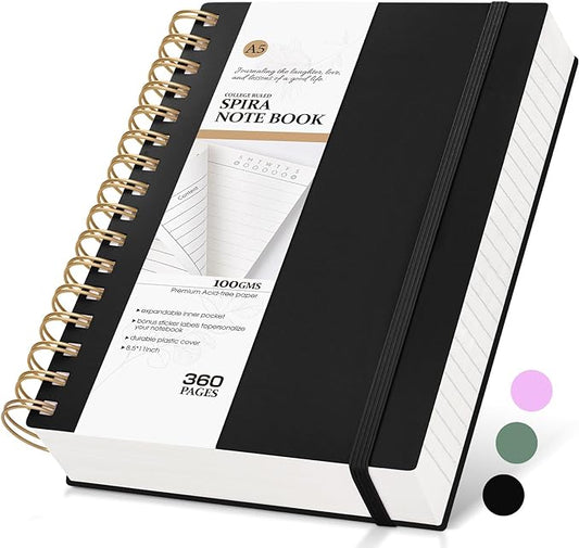 Spiral Notebook Journal, 360 Pages College Ruled Notebooks, Lined Thick Journals for Women Men, A5 Thick Spiral Writing Journaling with 100GSM Paper, Spiral Notebooks for Work School 5.5"x8.5" Black
