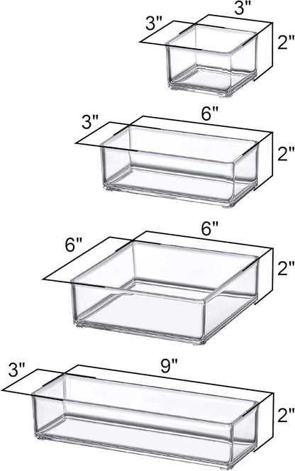 Amazing Abby - QuickSort - Plastic Stackable Organizers (8-Piece Set) for Vanity and Desk Drawer, Perfect Storage Solution for Beauty Products, Office Supplies, Decorative Items, and More