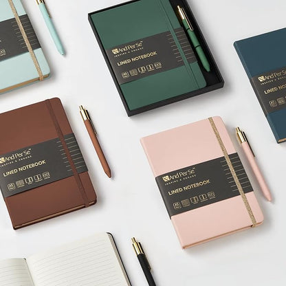 A5 Lined Leather Journal and Pen Set, Hardcover Notebook with Pen, 160 Pages 100gsm Thick Ruled Paper for Men Women, for Work, Business, School or Home Writing, 5.7'' x 8'', Gift Box Included(Cyan)