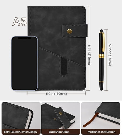 Black A5 Lined Leather Journal Notebook for Men Women,5.9" X 8.4" Personalized Hardcover Journal with Pen,200 Pages 100 Gsm Thick Ruled Paper Daily Diary for School,Travel,Work,Writing