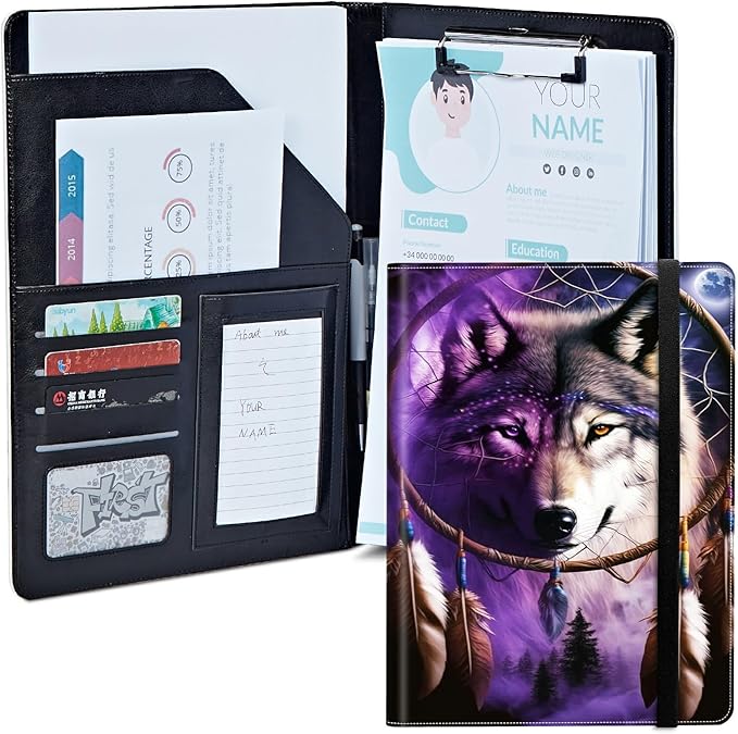 Dream Chasing Wolf Padfolio Folder with Clipboard,Portfolios Organizer Clipboards with Storage Clipboard Writing Pad PU Leather Conference Document Organizer with Business Card Holder