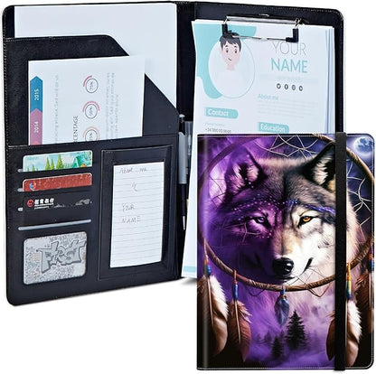 Dream Chasing Wolf Padfolio Folder with Clipboard,Portfolios Organizer Clipboards with Storage Clipboard Writing Pad PU Leather Conference Document Organizer with Business Card Holder