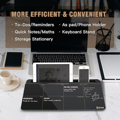 SELEAD Desktop Glass Whiteboard Weekly Planner Calendar with Organizer, Markers, Eraser, Holder - Small Dry Erase White Board TODO List Memo for Home, School, Office Desk Accessories - Black