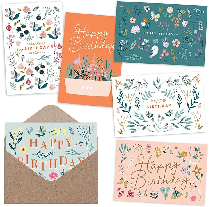 Deluxe Floral Birthday Cards Set - Bulk Assortment with Kraft Envelopes & Round Stickers, Perfect for Women, Baby Showers, Thank You Notes, and Gift Messages - Vibrant Flower Designs on Quality Paper.