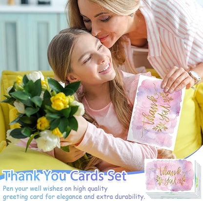 24 Pack Watercolor Thank You Cards with 24 Envelopes 24 Stickers 6 Designs Gold Letter Greeting Note Cards Thank You Notes Round Envelope Seal Stickers for Wedding Graduation(Cute Style)