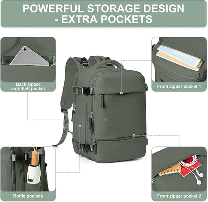 Travel Backpack Simple Durable Carry On Backpack with Shoe Compartment, Personal Item Travel Bag Flight Approved, Water Resistant Laptop Backpack for Women Men Weekender Business, Sage Green