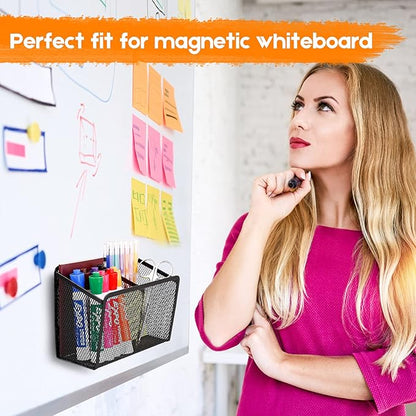 Magnetic Pencil Holder - Extra Strong Magnets Mesh Marker Holder Perfect for Whiteboard, Refrigerator and Locker Accessories (2 Baskets, 1 Pack Black)