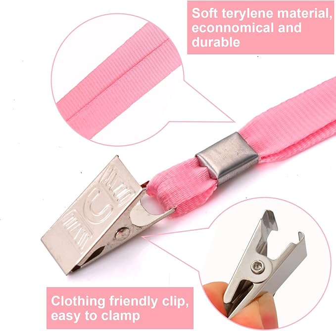 100 Pcs Lanyards for ID Badges and 100 Pcs Clear Name Tag Holders Reusable Lanyard with Clip Plastic ID Card Badge Holder Name Badges for Adults Kids Business School Office Supplies (Pink)