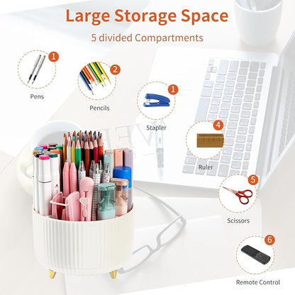 Desk Pen Holder, 5 Slot 360 Rotating Pen Organizer for Desk, Desktop Storage Stationery Supplies Organizer, Cute Pencil Cup Pot for Office, School, Home, Art Supply, Beige