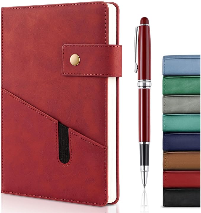 A5 Leather Journal Notebook with Pen, 200 Pages Hardcover Journal with Pocket, 100gsm Thick Lined Paper Daily Diary for Men and Women, Great Gift for Business School Travel Personal - Red