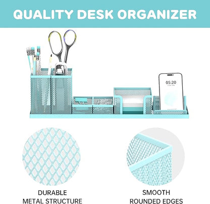 SUPEASY Pen Holder for Desk, 6 Piece Mesh Desk Organizer set, Desk Accessories for Office Organization with Mail Organizer, Letter Phone Holder, Sticky Notes Caddy Storage, Blue