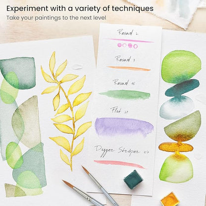 ARTEZA Watercolor Paint Brushes, Set of 5, Assorted Shapes, Synthetic Soft-Bristle Brushes