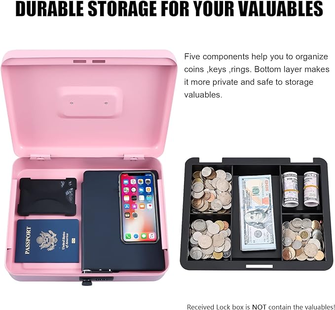 KYODOLED Metal Cash Box with Combination Lock Money Box for Cash Safe Metal Box with Money Tray for Security Lock Box 11.81"x 9.45"x 3.54" Pink X Large