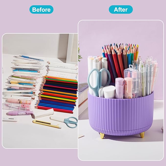 Desk Pencil Pen Holder, 5 Slots 360 Degree Rotating Pencil Pen Organizers for Desk Desktop Storage Stationery Supplies Organizer Cute Pen Cup for Office School Home Art Supply Purple